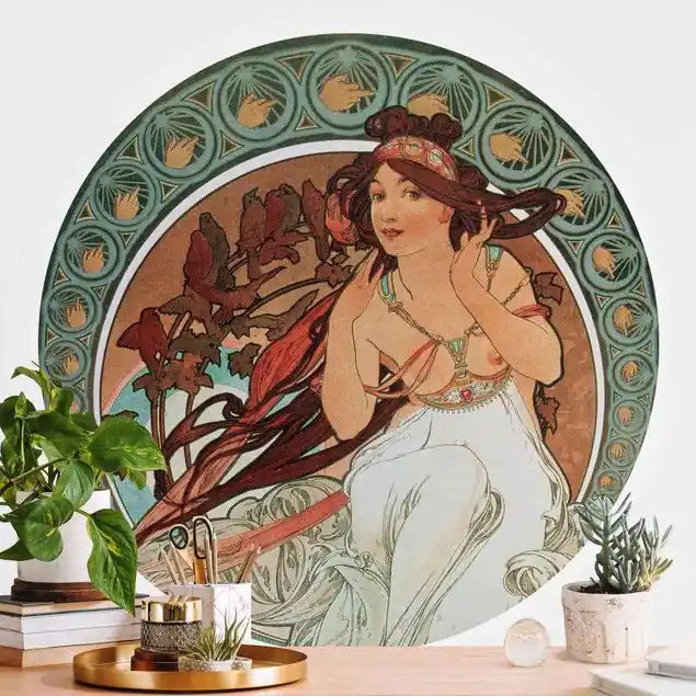 Zertifiziert Alfons Mucha - Vier Künste - Die Musik                               Runde Fototapete