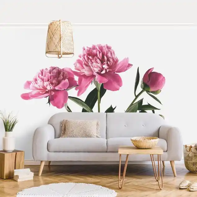 Zertifiziert Blüten und Knospen Pink auf Weiß                               Fototapete • Vliestapete + Kleister • hergestellt in Deutschland