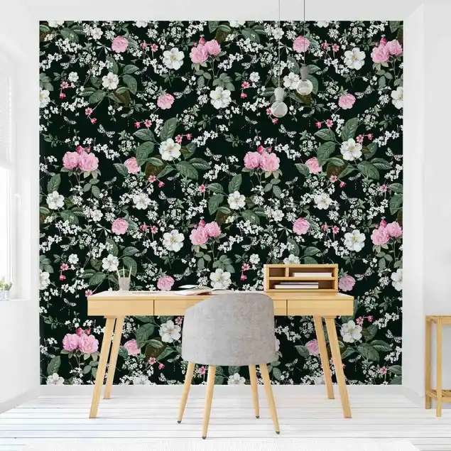 Aktuell Rosen und Schmetterlinge auf Dunkelgrün                               Fototapete • Vliestapete + Kleister • hergestellt in Deutschland
