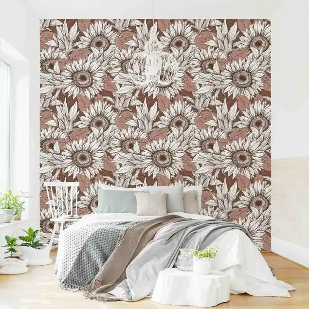Sonnenblumenfeld in Beige Fototapete • Vliestapete + Kleister • hergestellt in Deutschland Kracherpreis