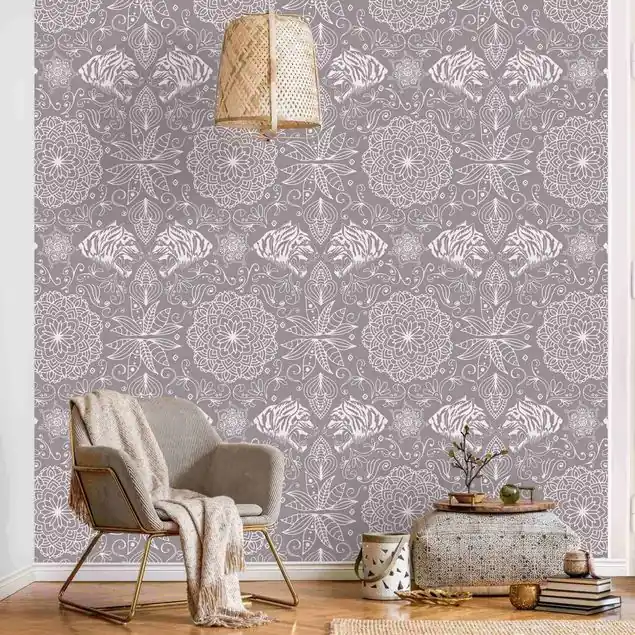 Markenware Boho Tiger Muster mit Mandala in Warmgrau Fototapete • Vliestapete + Kleister • hergestellt in Deutschland