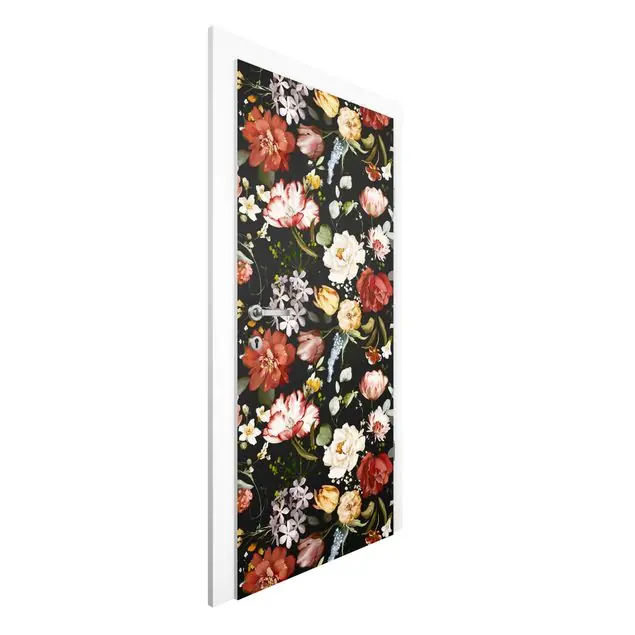 Blumen Aquarell Vintage Muster auf Schwarz                               Türtapete Sale