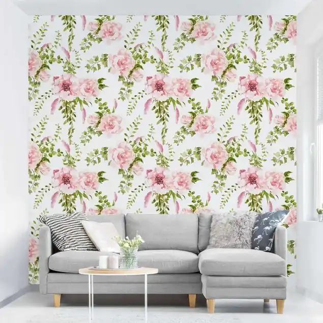 Finale Aktion Grüne Blätter mit Rosa Blüten in Aquarell                               Fototapete • Vliestapete + Kleister • hergestellt in Deutschland