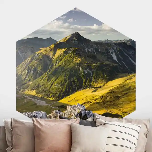 Berge und Tal der Lechtaler Alpen in Tirol                               Hexagon Fototapete Kostenloser Versand