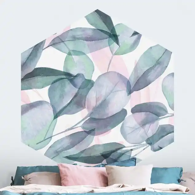 Top-Seller Blaue und Rosane Eukalyptus Aquarellblätter Hexagon Mustertapete