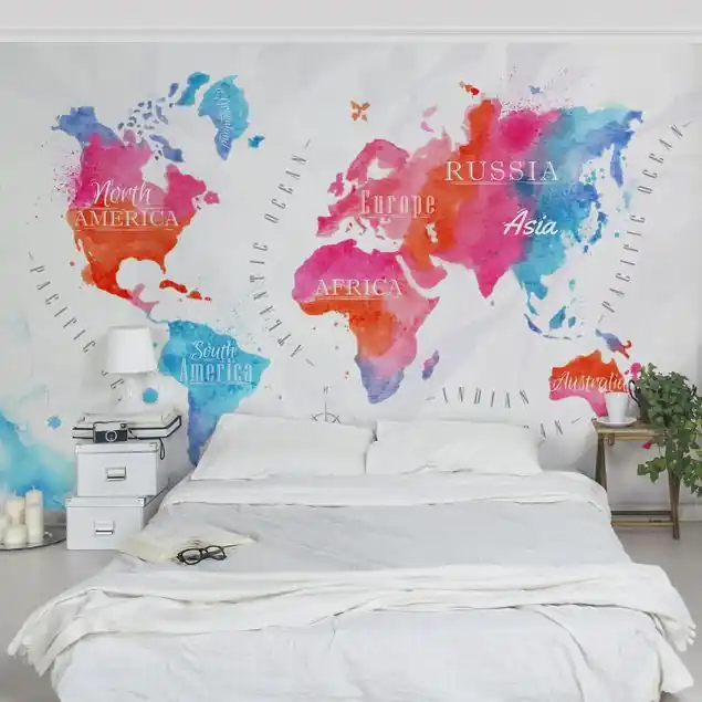 Weltkarte Aquarell rot blau Fototapete • Vliestapete + Kleister • hergestellt in Deutschland Finale Aktion