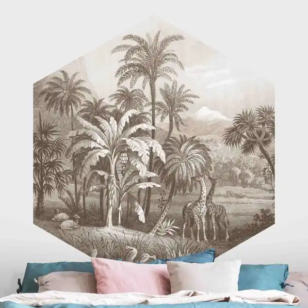 Angebot Tropischer Kupferstich mit Giraffen in Braun                               Hexagon Mustertapete