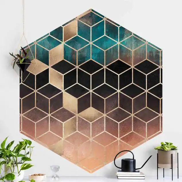 Abverkauf Türkis Rosé goldene Geometrie Hexagon Mustertapete
