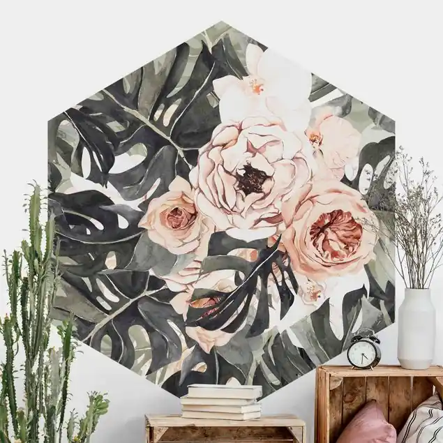 Aktuell Aquarell Monstera Bouquet                               Hexagon Fototapete