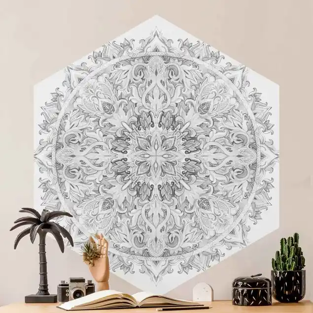 Abverkauf Mandala Aquarell Ornament schwarz weiß Hexagon Mustertapete