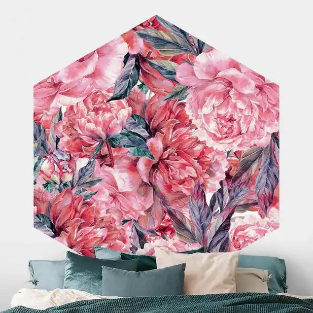 Zartes Aquarell Rote Pfingstrosen Muster Hexagon Fototapete Rabatt