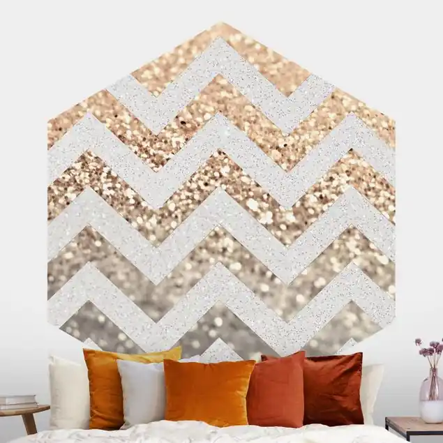 Zackenlinien mit Goldglitzer und Silber                               Hexagon Mustertapete Sonderangebot