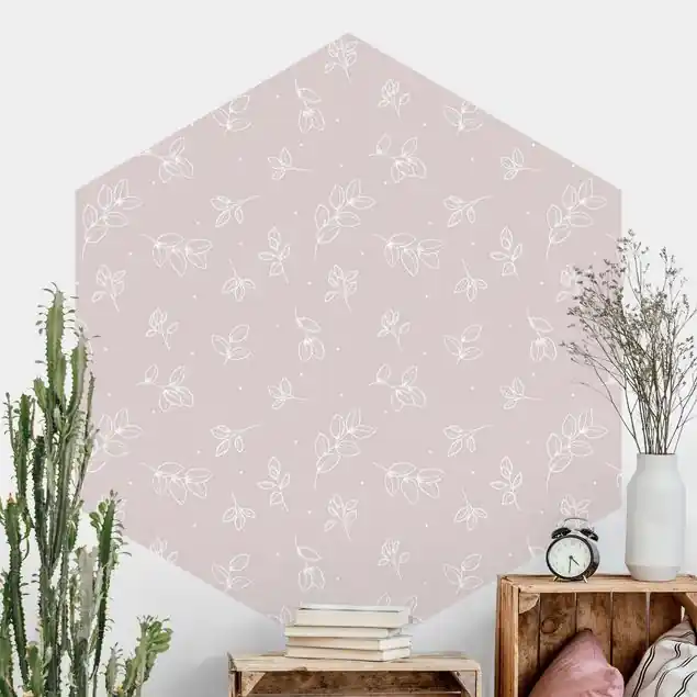 Wochenendangebot Illustrierte Blätter Muster Pastell Rosa Hexagon Mustertapete