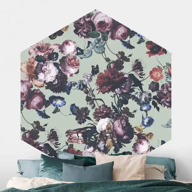 Altmeisterliche Blüten mit Tulpen und Rosen auf Grün                               Hexagon Mustertapete Heißes Angebot