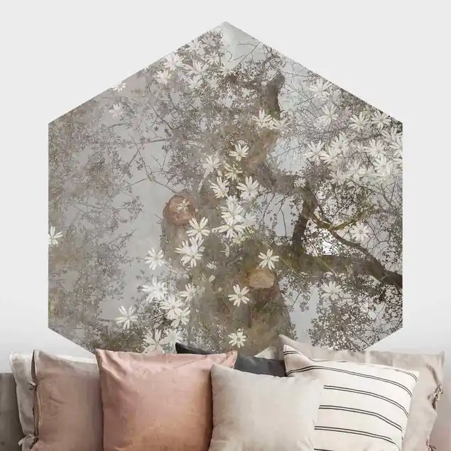 Abstrakter Baum mit Blüten                               Hexagon Mustertapete Sale