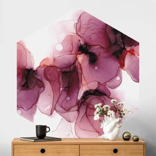 Wilde Blüten in Violett und Gold Hexagon Fototapete Kostenloser Rückversand