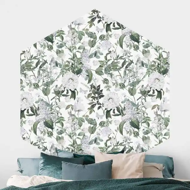 Weiße Blüten und Schmetterlinge Hexagon Mustertapete Preis Gesenkt