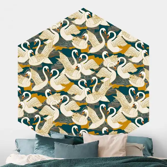 Weiße Schwäne auf Dunkelblau                               Hexagon Fototapete Sonderangebot