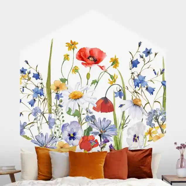 Zertifiziert Aquarellierte Blumenwiese mit Mohn                               Hexagon Mustertapete