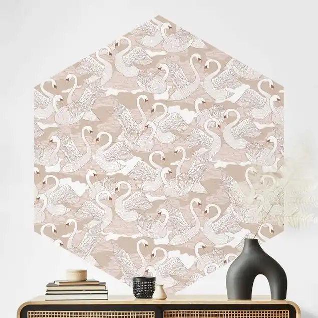 Weiße Schwäne auf Beige                               Hexagon Fototapete Highlight