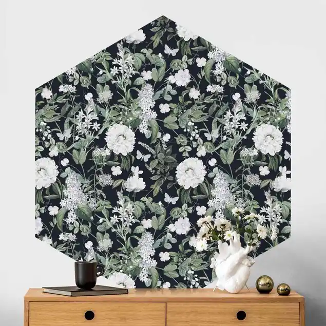 Weiße Blüten und Schmetterlinge auf Blau Hexagon Mustertapete Sale