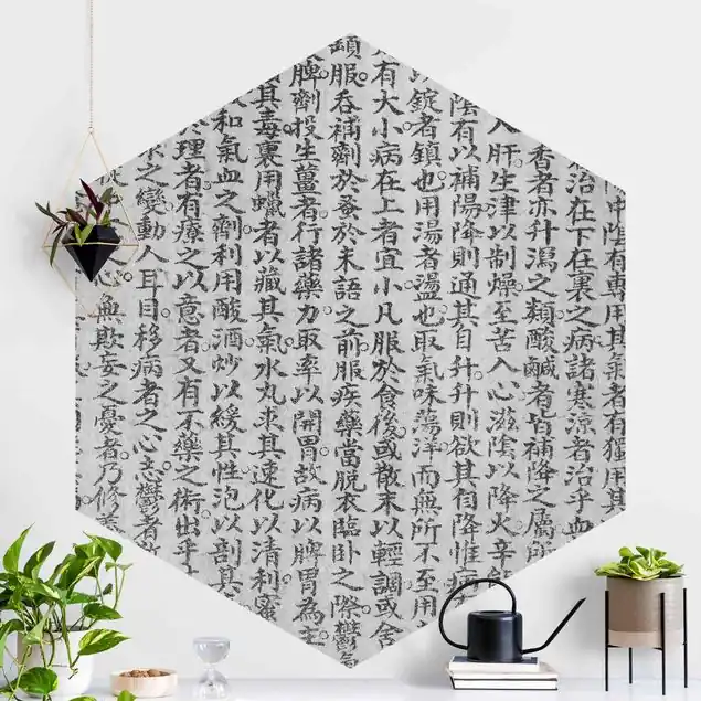 Aktuell Chinesische Schriftzeichen Schwarz-Weiß Hexagon Fototapete