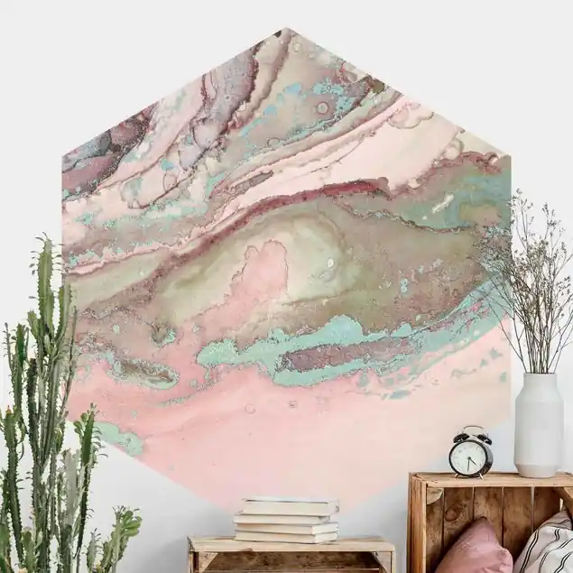 Zertifiziert Farbexperimente Marmor Rose und Türkis Hexagon Fototapete