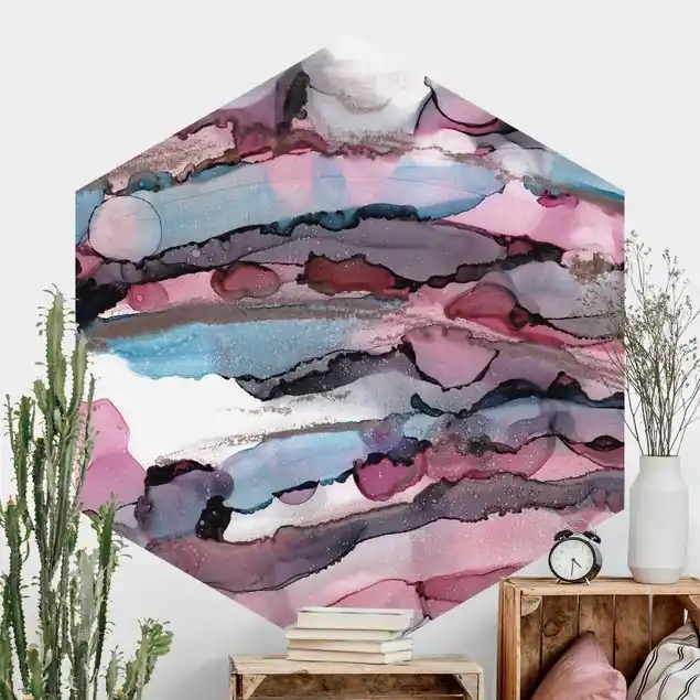 Wellenreiten in Violett mit Roségold Hexagon Mustertapete Sale