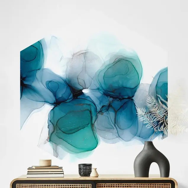 Wilde Blüten in Blau und Gold Hexagon Fototapete Markenprodukt