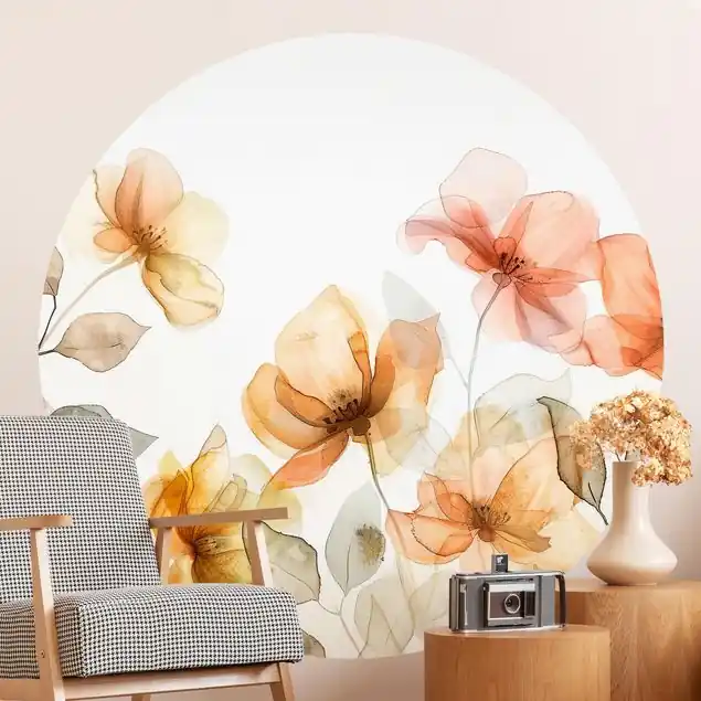 Zarte Aquarell Blumen                               Runde Tapete selbstklebend Neue Ware