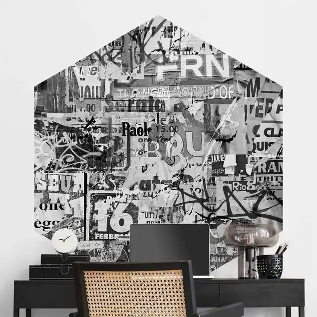 Alte Plakatwand Schwarz-Weiß                               Hexagon Mustertapete Must-Have