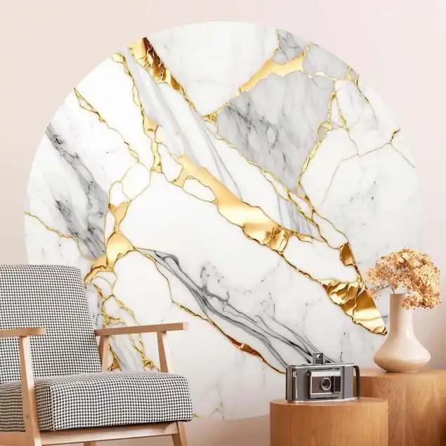 Weißer Marmor mit Goldeffekt                               Runde Tapete selbstklebend Sonderangebot