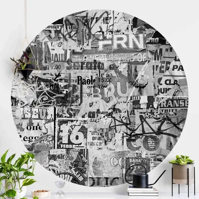 Alte Plakatwand Schwarz-Weiß                               Runde Fototapete Angebot