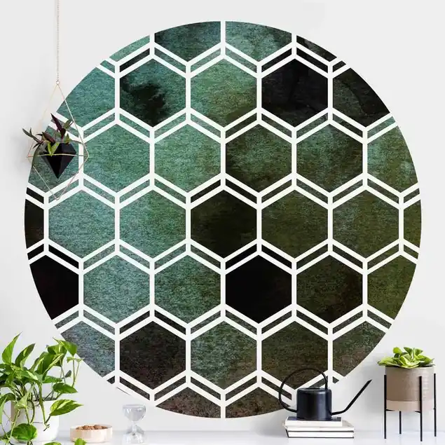 Abverkauf Hexagonträume Aquarell in Grün Runde Mustertapete