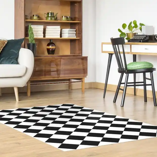 Markenprodukt Geometrisches Muster gedrehtes Schachbrett Schwarz Weiß                               Vinylteppich