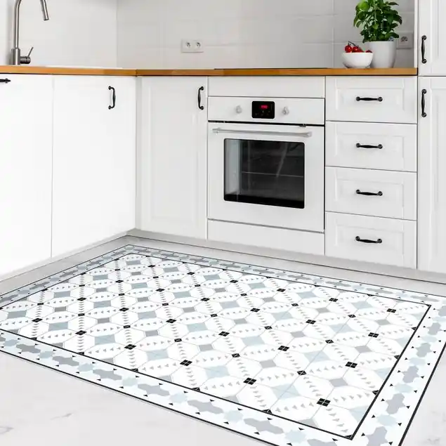 Geometrische Fliesen Ikat Blau mit Bordüre Vinylteppich Neu