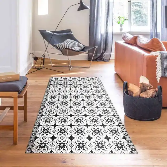 Zertifiziert Geometrischer Fliesenmix Blume Schwarz Vinylteppich