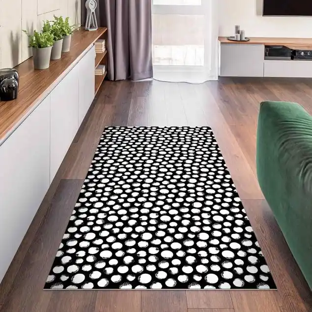 Weiße Tusche Polkadots auf Schwarz                               Vinylteppich Jetzt Kaufen