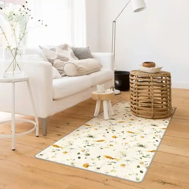 Wildblumen Aquarell Muster auf Beige                               Teppich Online Kaufen