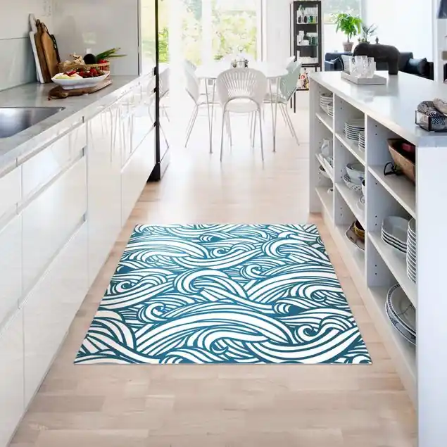 Wellenlinien in Blau Vinylteppich Sonderaktion