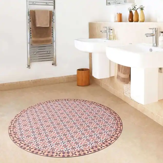 Zertifiziert Geometrischer Fliesenmix Blüte Orange Runder Vinyl-Teppich