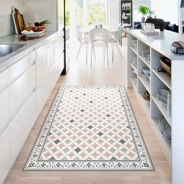 Aktuell Geometrische Fliesen Kreisblüten Orange mit Bordüre Vinylteppich