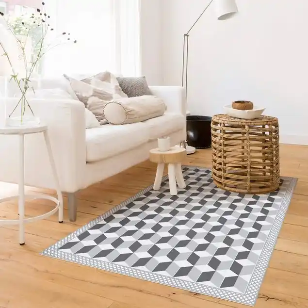 Abverkauf Geometrische Fliesen Stufenillusion in Grau mit Bordüre Vinylteppich