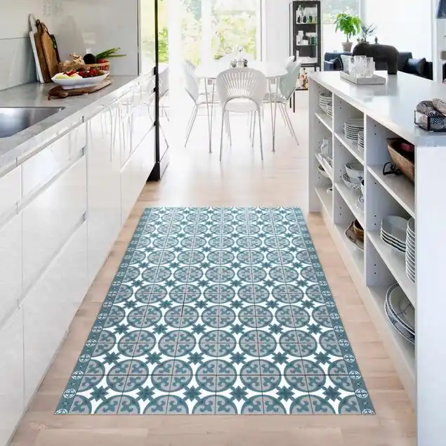 Aktuell Geometrischer Fliesenmix Kreise Blaugrau Vinylteppich
