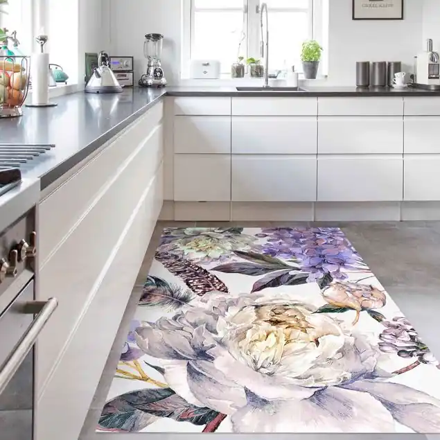 Zartes Aquarell Boho Blüten und Federn Muster Vinylteppich Direktkauf