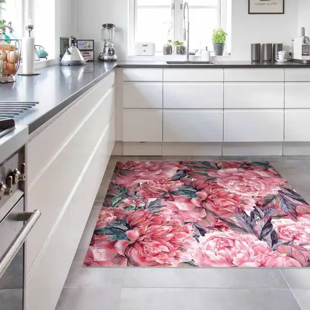 Zartes Aquarell Rote Pfingstrosen Muster Vinylteppich Neue Kollektion