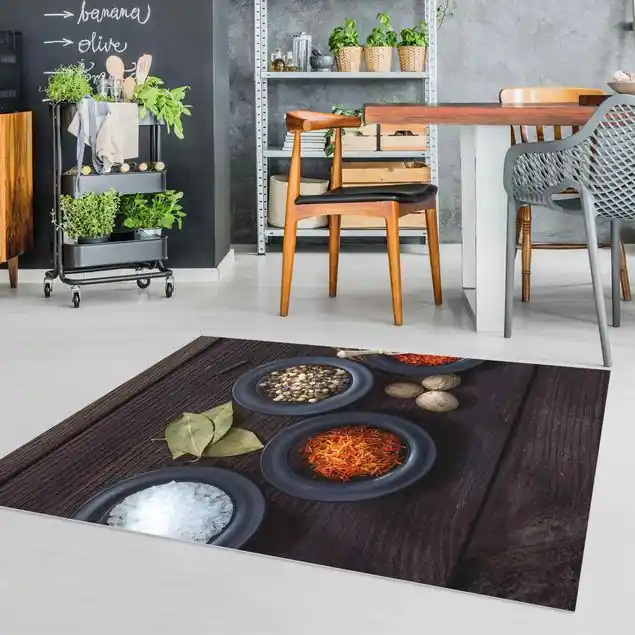Abverkauf Schwarze Schalen mit Gewürzen Vinylteppich