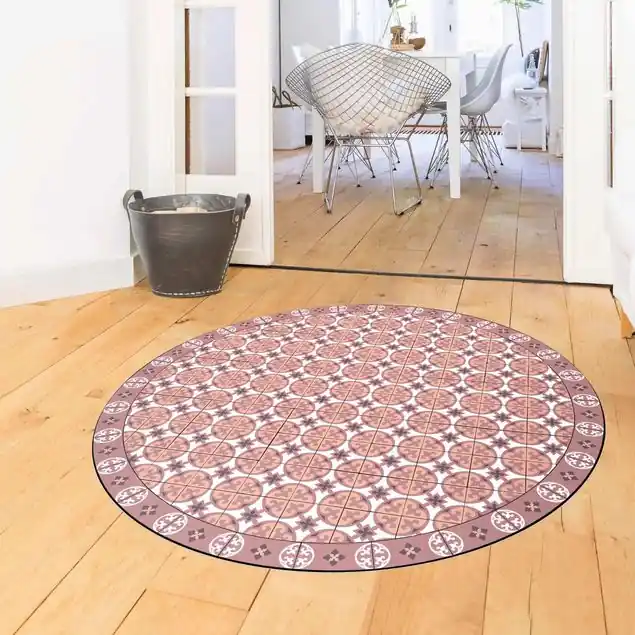 Zertifiziert Geometrischer Fliesenmix Kreise Orange Runder Vinyl-Teppich