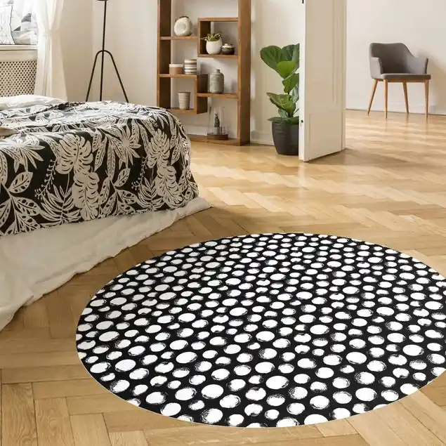 Weiße Tusche Polkadots auf Schwarz                               Runder Vinyl-Teppich Kostenloser Versand