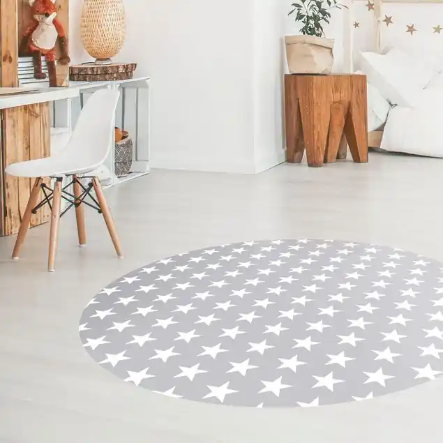 Weiße Sterne auf grauem Hintergrund                               Runder Vinyl-Teppich Sonderaktion